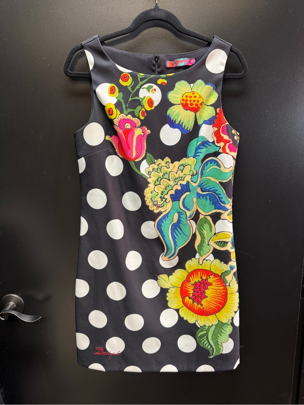 Desigual Black Polka Dot Dress with Multicolor Floral Accents